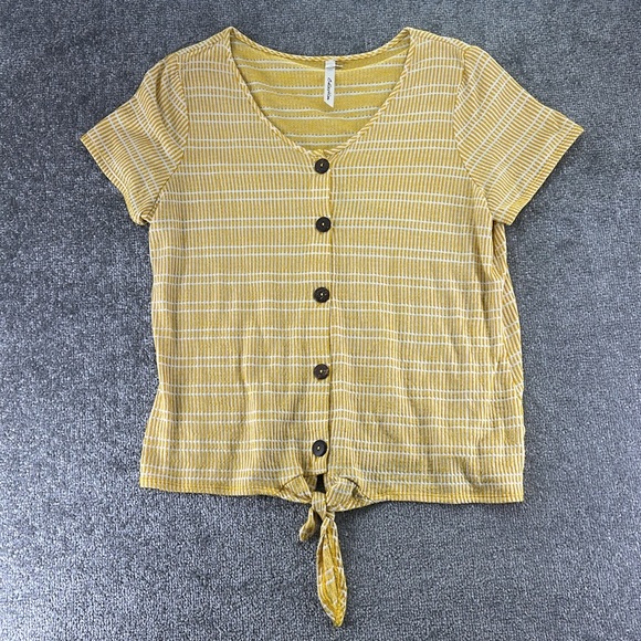 NY Collection Short Sleeve Blouse Shirt Tie Front Button Yellow Pattern Women XL - Picture 1 of 8